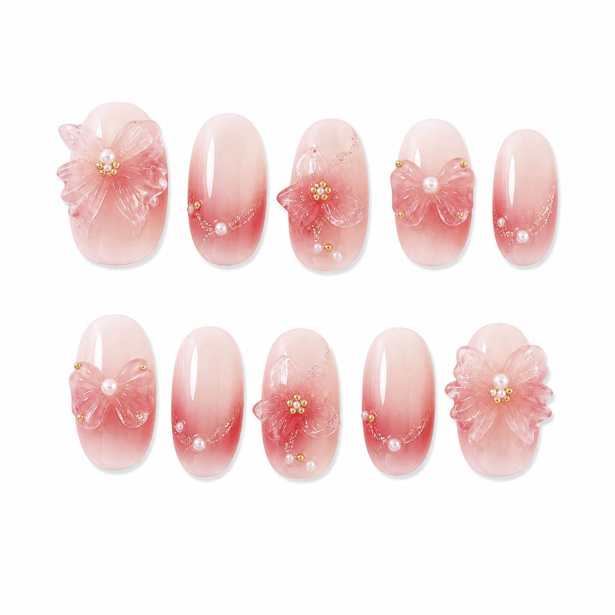 Sun-Kissed Bow — Rose Ombré with Sculpted Bows | Handmade Press-On Nails image 1