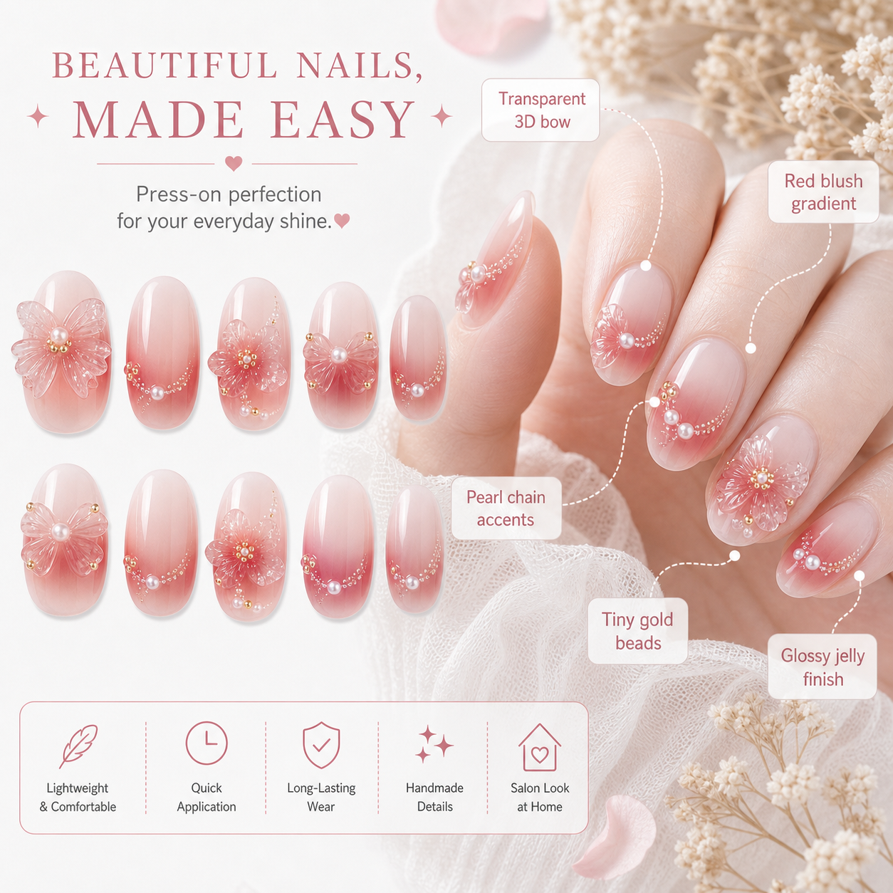 Sun-Kissed Bow — Rose Ombré with Sculpted Bows | Handmade Press-On Nails image 5