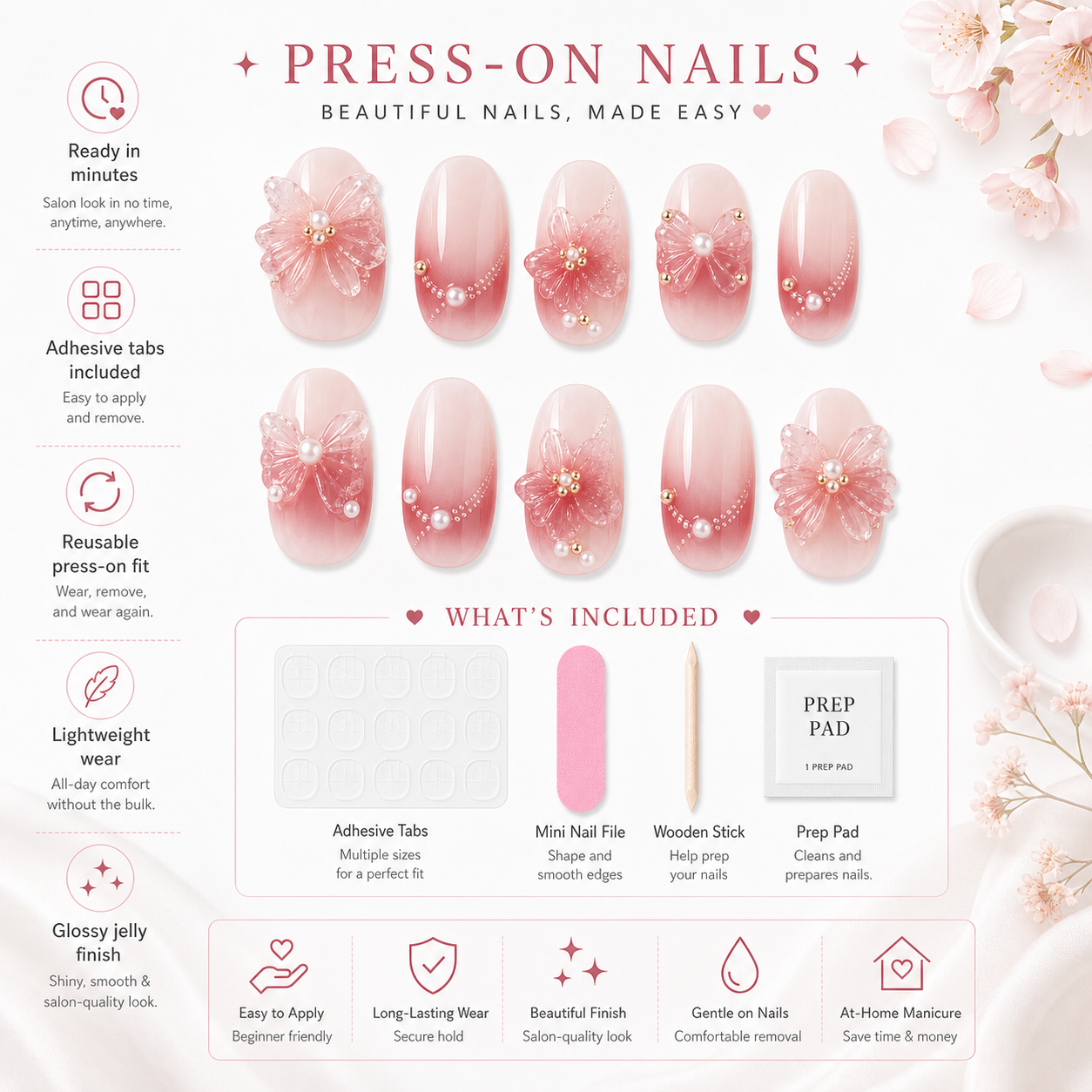 Sun-Kissed Bow — Rose Ombré with Sculpted Bows | Handmade Press-On Nails image 6