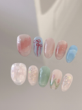 Sweetheart Shorties — Cherries, Ribbons & Blush | Handmade Press-On Nails image 1
