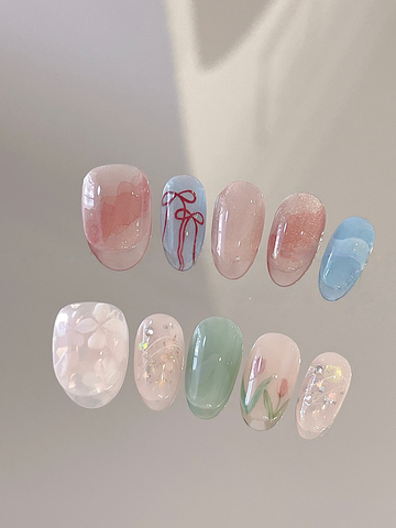 Sweetheart Shorties — Cherries, Ribbons & Blush | Handmade Press-On Nails image 1