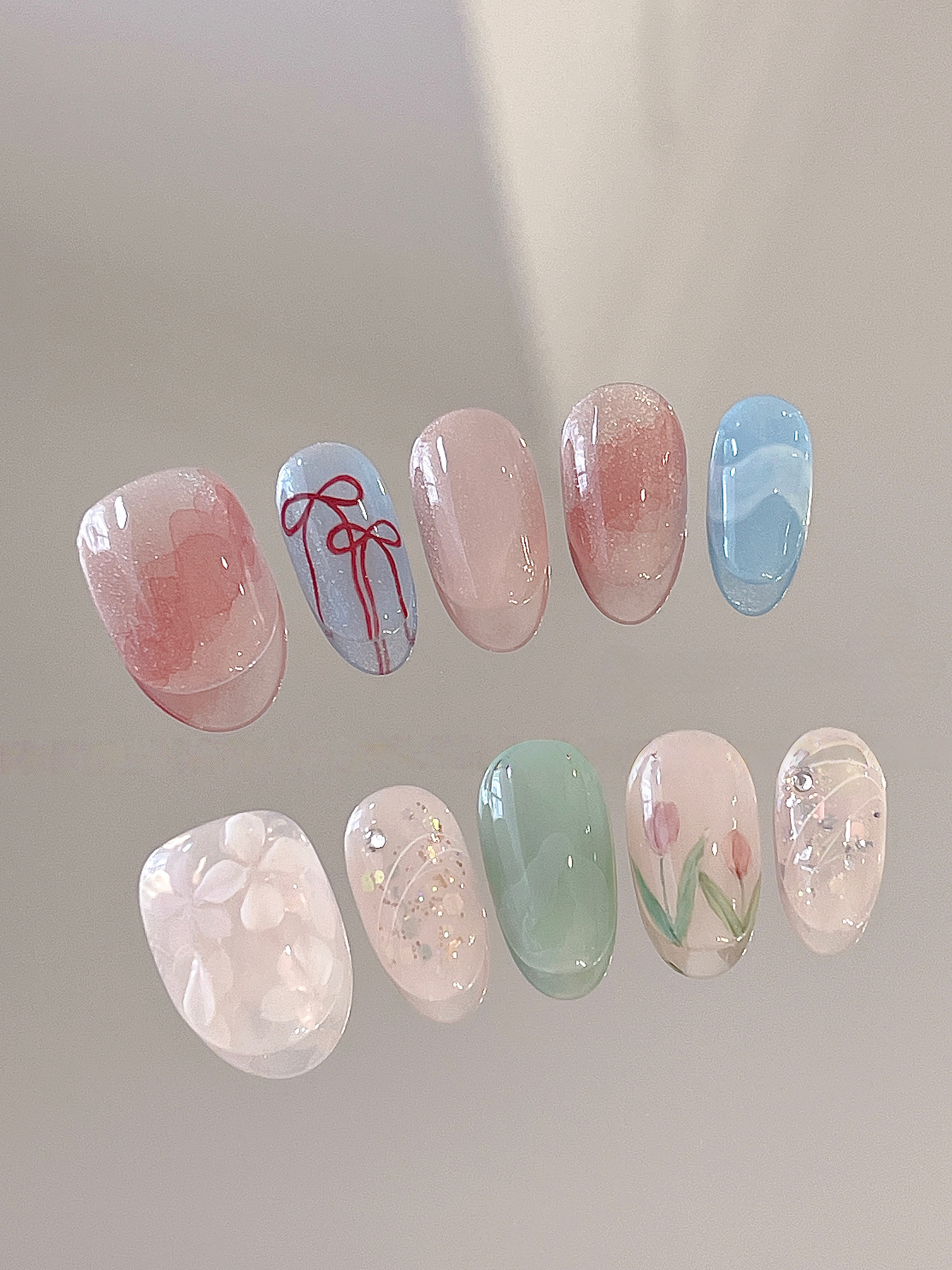 Sweetheart Shorties — Cherries, Ribbons & Blush | Handmade Press-On Nails image 2