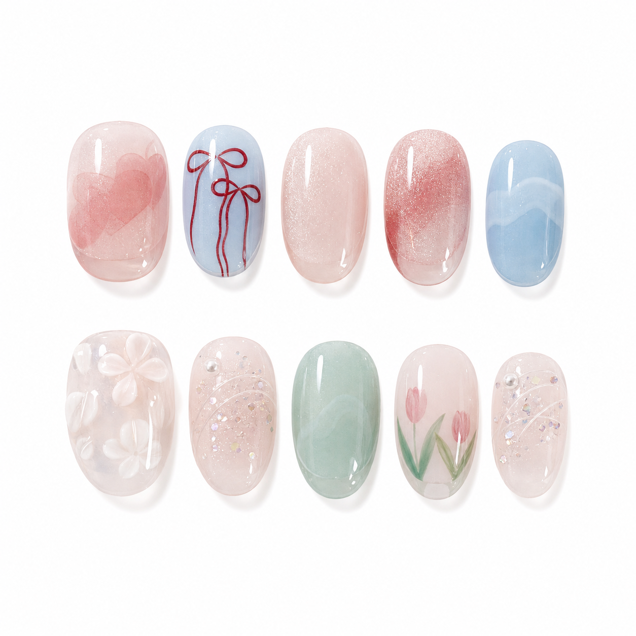 Sweetheart Shorties — Cherries, Ribbons & Blush | Handmade Press-On Nails image 1
