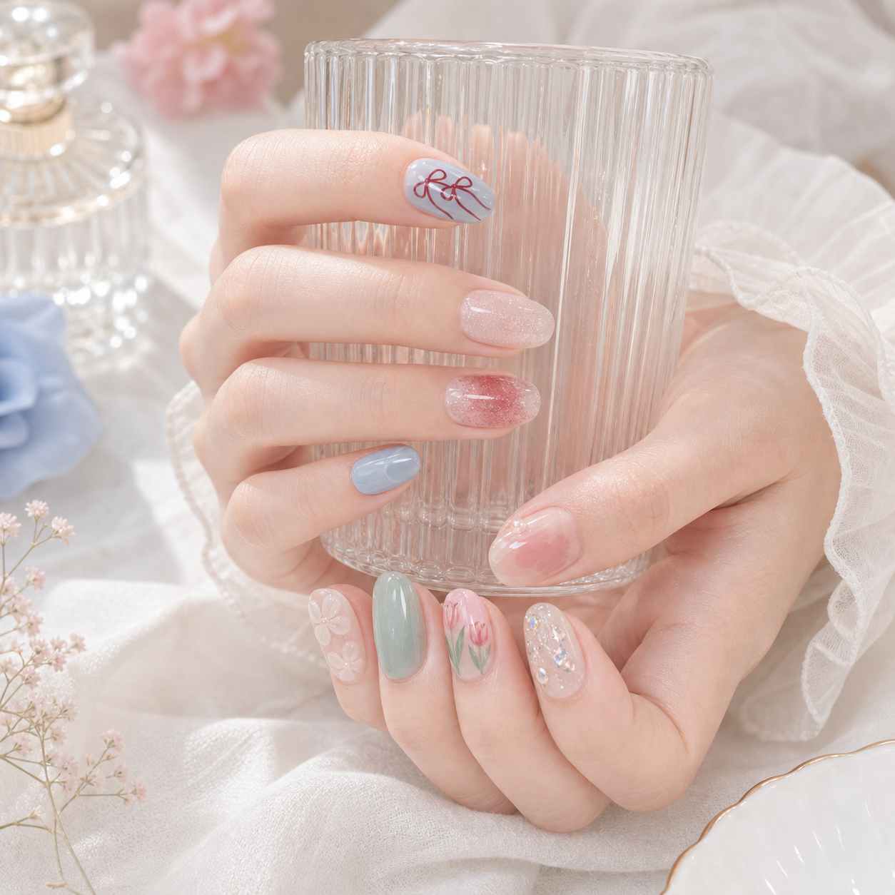 Sweetheart Shorties — Cherries, Ribbons & Blush | Handmade Press-On Nails image 2