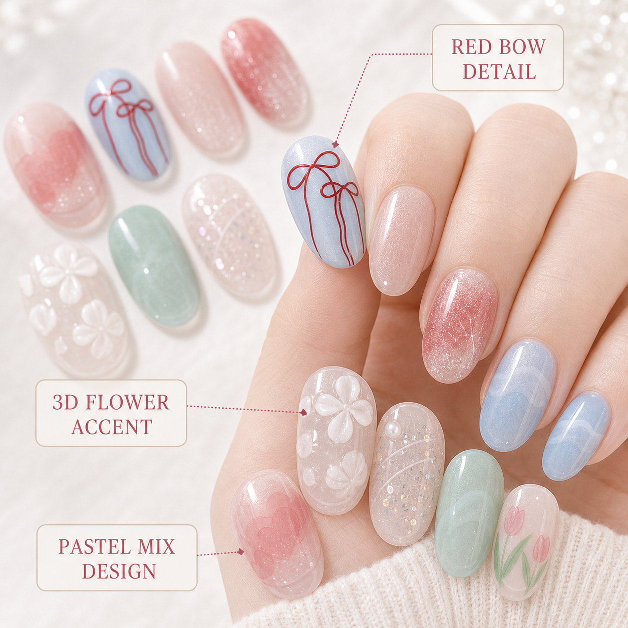 Sweetheart Shorties — Cherries, Ribbons & Blush | Handmade Press-On Nails image 4