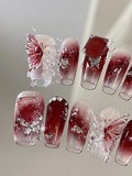 Vintage Red Butterfly — Burgundy Ombré & Lace Wings | Handmade Press-On Nails image 1