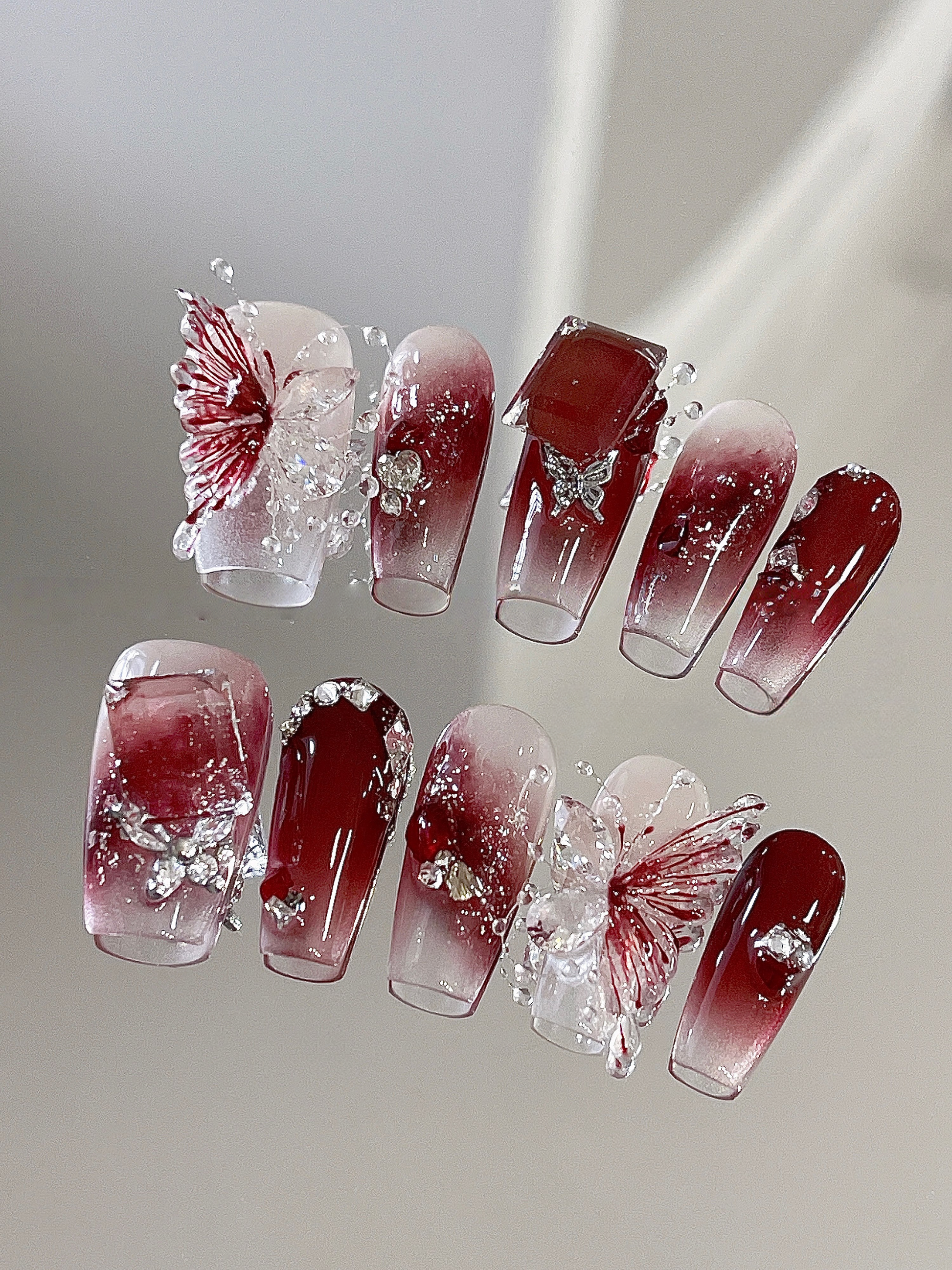 Vintage Red Butterfly — Burgundy Ombré & Lace Wings | Handmade Press-On Nails image 2