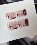 Wine Cross & Star — Crimson Symbols on Milk | Handmade Press-On Nails image 1