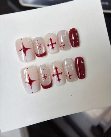 Wine Cross & Star — Crimson Symbols on Milk | Handmade Press-On Nails image 1
