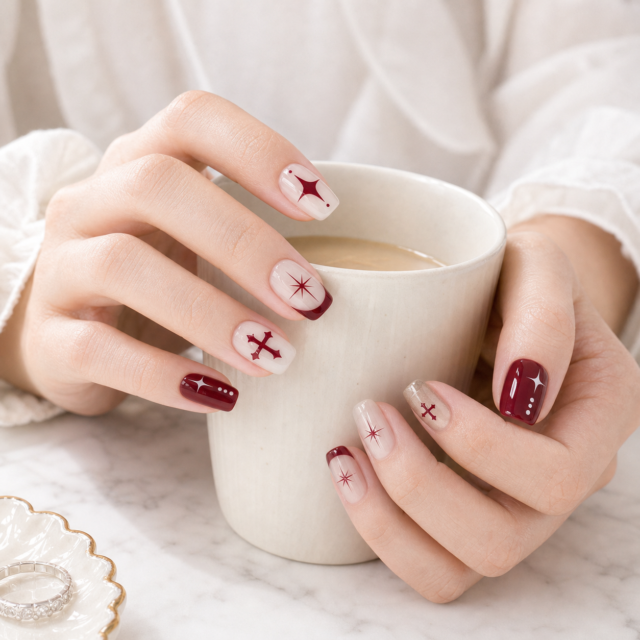 Wine Cross & Star — Crimson Symbols on Milk | Handmade Press-On Nails image 2