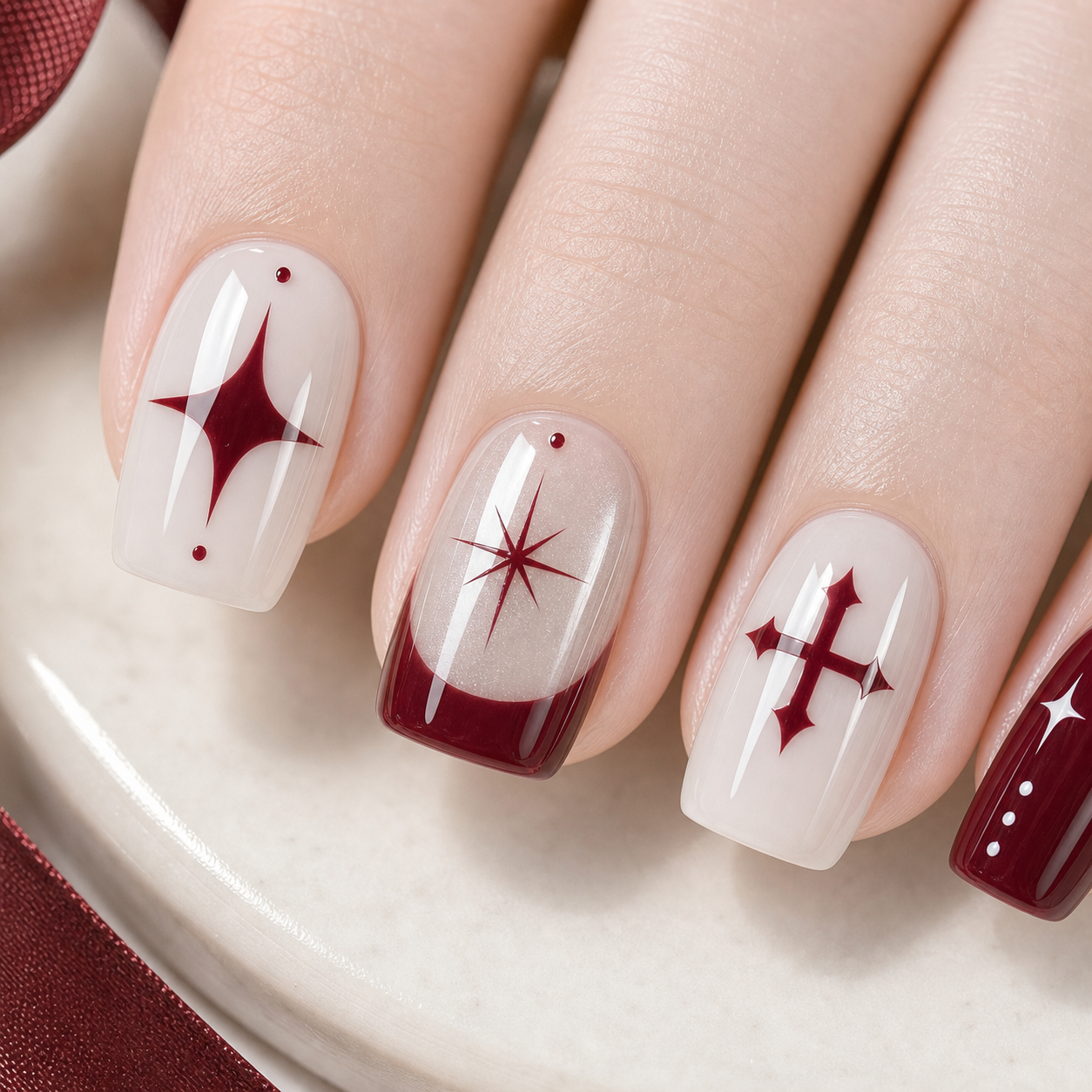Wine Cross & Star — Crimson Symbols on Milk | Handmade Press-On Nails image 4
