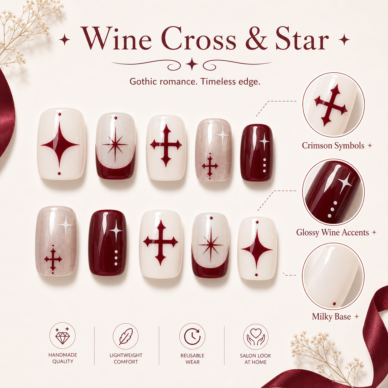 Wine Cross & Star — Crimson Symbols on Milk | Handmade Press-On Nails image 5