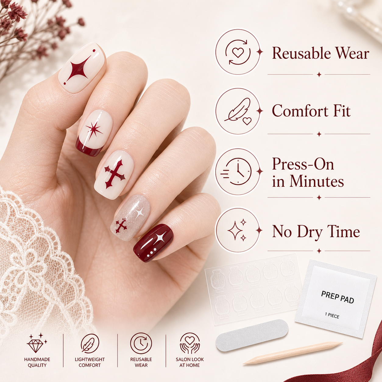 Wine Cross & Star — Crimson Symbols on Milk | Handmade Press-On Nails image 6