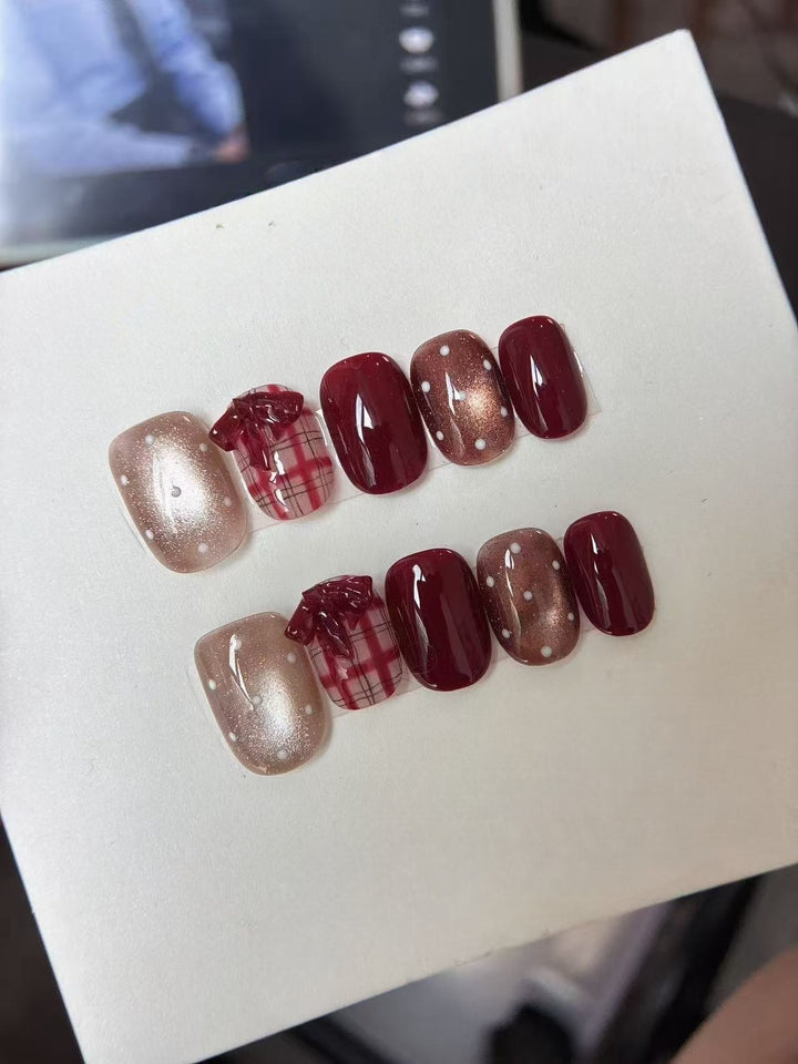Wine Plaid Christmas — Burgundy Cat-Eye & Tartan | Handmade Press-On Nails image 1
