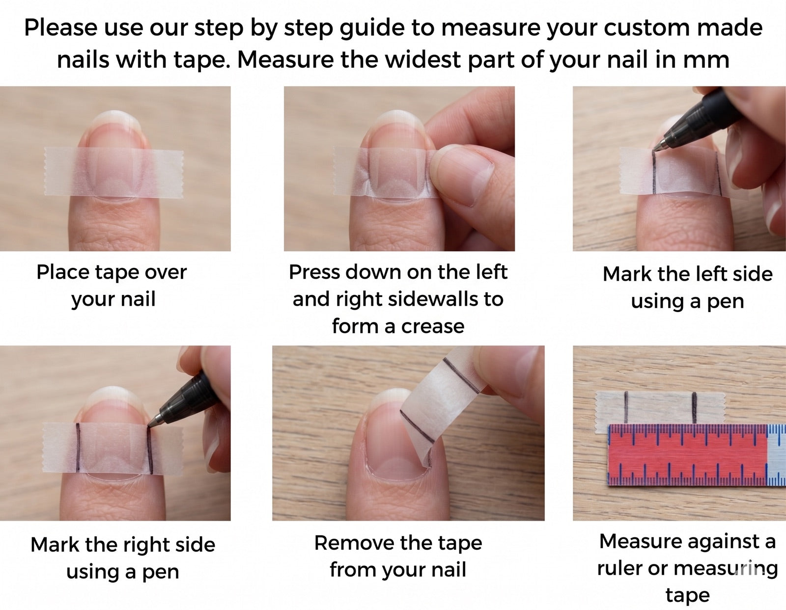 Step by step nail measuring guide with tape
